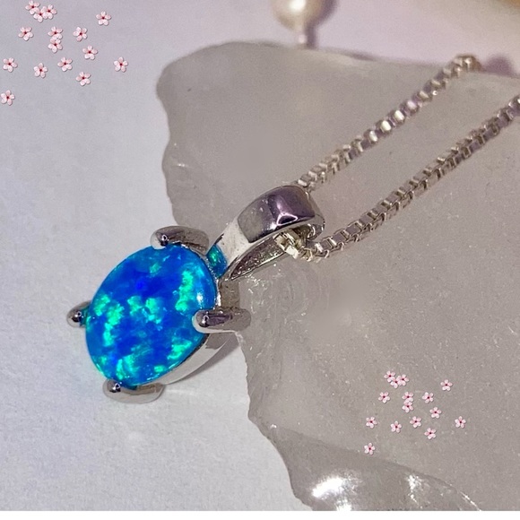 Blue Fire Opal Gemstone Dainty Stamped Pendant Necklace - Picture 6 of 7